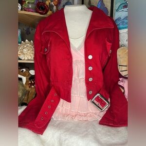 vintage 100% cotton red denim jacket with silver buttons and waist belt buckle